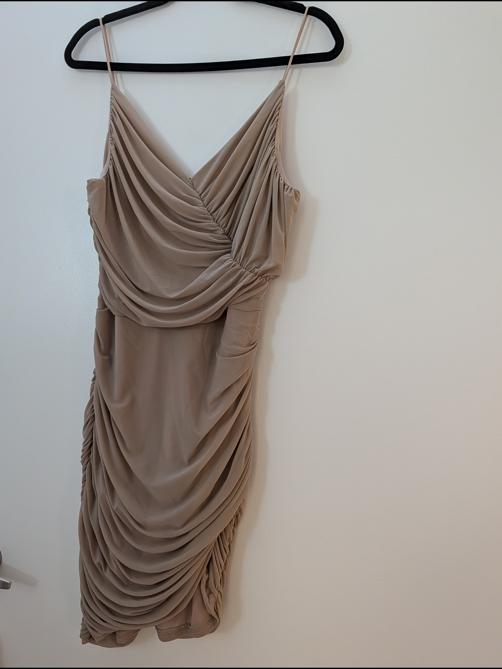 Beige Ruched Slip Dress - Women's Elegant V-Neck